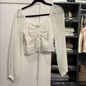 Hollister White Floral Swiss Dot Drawstring Peasant Blouse